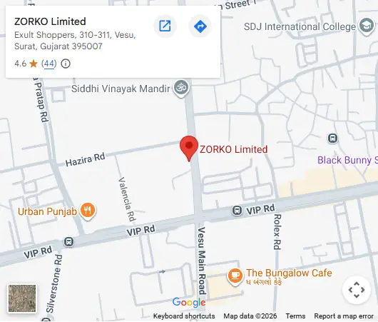 Google map showing ZORKO Limited head office at Exult Shoppers, Vesu, Surat