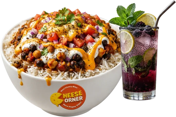 Schezwan Cheese Corn Bowl + Exotic Chaos Fries + Pink Sunset